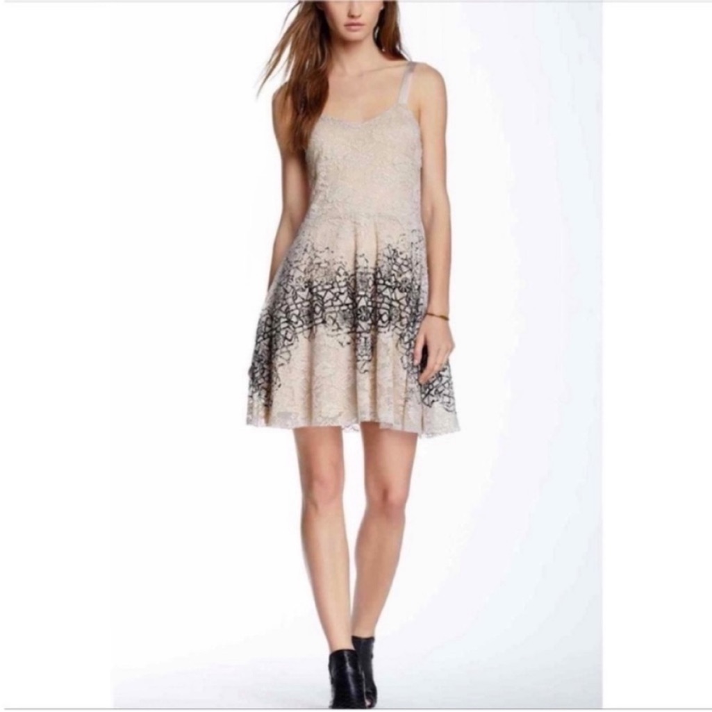Free People Flocked Velvet Dress Beige Lace Mini